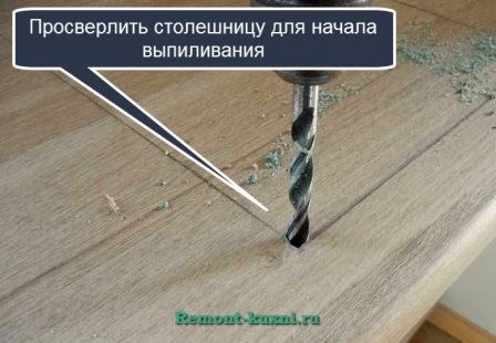в углах разметки сверлят отверстия